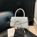 Sac à main argenté scintillant à paillettes avec nœud en cristal et chaîne - Argent