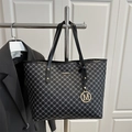 Large black tote bag with gray geometric pattern and golden logo charm accessory - Black