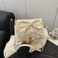 Chic cream bow-knot shoulder bag with silver chain strap for women's daily commute - White
