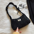 Chic black textured square shoulder bag with silver butterfly and pleated strap - Black