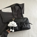 Chic black pillow tote bag with plush cloud charm and bow details for women - With Pendant / Black
