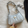 Silver metallic ruched shoulder bag for women with a butterfly logo and scrunchie strap - Silver