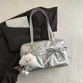 Silver metallic pillow shoulder bag with bow details and a cute white cloud pendant - With Pendant / Silver