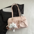 Pink nylon pillow tote bag for women featuring cute bow ribbons and cloud plush charm - With Pendant / Pink