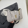 Retro cream square shoulder bag with brown geometric pattern and gold chain strap - Off White