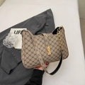 Classic coffee brown monogram shoulder bag with gold hardware and black leather strap - Khaki