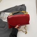 Deep red leather small square bag with golden safety pin handle and chain strap - Burgundy