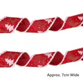 7cm wide red Christmas ribbon with white reindeer and snowflake prints and fuzzy borders - 2m / Red White Edge Ribbon
