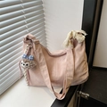 Roze canvas hobo tas met grote capaciteit, witte kanten strik en pluche hanger - Met Hanger / Roze