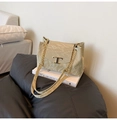 Close-up of light green marble-textured bag with gold T-shaped metal buckle and chain strap - Green
