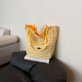 Chic yellow and white striped canvas tote bag with dual handles and large capacity - Yellow Side A (Striped)