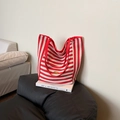 Fashionable red and white striped canvas tote bag with large capacity and red straps - Red Side A (Striped)