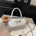 Silver metallic mini square handbag with bow detail and crinkled leather texture - Silver