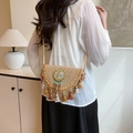 Bohemian woven straw crossbody bag with colorful tassels and ethnic beaded embroidery - Khaki