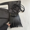 Minimalist black crossbody bag with fringe details and textured synthetic leather - Black