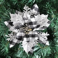 14cm Weihnachtsblume mit schwarz-weißem Karomuster und silbernem Glitzerrand - 14cm / Grau mit Silberblatt