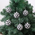 Set of 6 black and white buffalo plaid Christmas balls hanging on a green tree - Black and White Plaid (6 Per Pack)