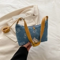 Blue corduroy crescent shoulder bag featuring bear prints and contrast yellow strap - Light Blue