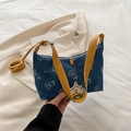 Blue denim square bag with white bear print and yellow handles for casual fashion style - Dark Blue