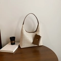 Beige woven straw hobo bag with dark brown leather straps and small coin pouch - Off White