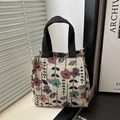 Borsa tote in lino con stampa floreale vintage e manici neri resistenti - Stile 1 (Floreale Viola)