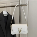 Minimalist creamy white underarm baguette bag with round golden metal lock and chain strap - White