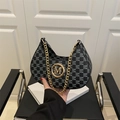 Black crescent bag with gray M-letter print and gold metal logo and chain strap - Black
