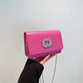 Magenta square flap chain bag with large crystal buckle and silver metal strap - Rose Red