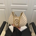 Beige French retro underarm bag with monogram print and golden metal M logo chain - Off White