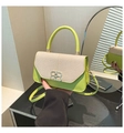 Detailed shot of green and beige leather handbag with silver interlocking buckle - Green