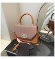Detail of tweed and brown PU leather flap bag with silver metal B-logo buckle - Dark Brown