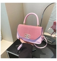 Pink PU leather crossbody bag featuring red striped flap and metal BB buckle detail - Pink