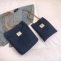 Dark blue denim tote bags in two sizes with colorful braided handles on white background - Large / Dark Blue Denim