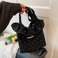 Schwarze Canvas-Tragetasche mit weißem Blumenmuster und Fashion Bag gewebtem Label - Schwarz