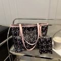 Schwarze und rosa Shopper-Tasche im Set mit Schleifenprint und Innentasche - Schwarz