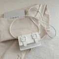 Minimalist white mini square crossbody bag with double buckle decor on cream blazer - White