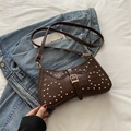 Brown crocodile pattern baguette bag with vintage saddle shape and gold rivets decoration - Brown