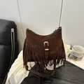 Dark brown suede tote bag featuring fringe tassels and a golden metal buckle detail - Brown
