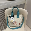 Borsa tote in tela beige con manici blu e simpatica stampa di orso cartone - Con Ciondolo / Verde