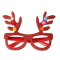 Detail van kerstbril met rode rendiergeweien, lovertjes en kleurrijke pluizige pompons - Rood met Wattenschijfjes
