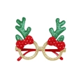 Kerstfeestbril met gouden glittermontuur, groen rendiergewei en een rode strik erop - Groen Gewei + Rode Strik