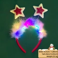 LED Christmas headband with white feathers and glowing gold-rimmed red stars - Christmas Headband / Red & Gold Stars