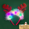 Red sequin reindeer headband with LED lights and white feathers for Christmas party - Christmas Headband / Sequin Red Antlers Style