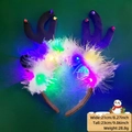 Brown reindeer antler headband with LED lights and white feather trim for Christmas - Christmas Headband / Brown Antlers Bells