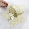 Champagnerfarbene 20cm künstliche Weihnachtsblume mit Glitzer und Netz-Blütenblättern - Gold