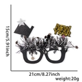 Glittering black and gold Happy New Year glasses with top hat design and size specs - New Year Glasses / New Year Top Hat Tassel Style