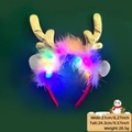 Christmas LED headband featuring gold antlers, white plush ears and colorful feathers - Christmas Headband / Gold Long Antlers Style