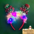 Christmas LED headband featuring red plaid reindeer antlers and white feather accents - Christmas Headband / Plaid Antlers Style