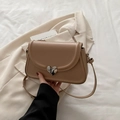 French style minimalist brown leather crossbody bag with a heart-shaped silver buckle - Khaki