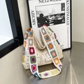 Handmade bohemian crochet shoulder bag in beige with colorful floral granny square accents - Off-white (With Straw Hat Set) / Off White